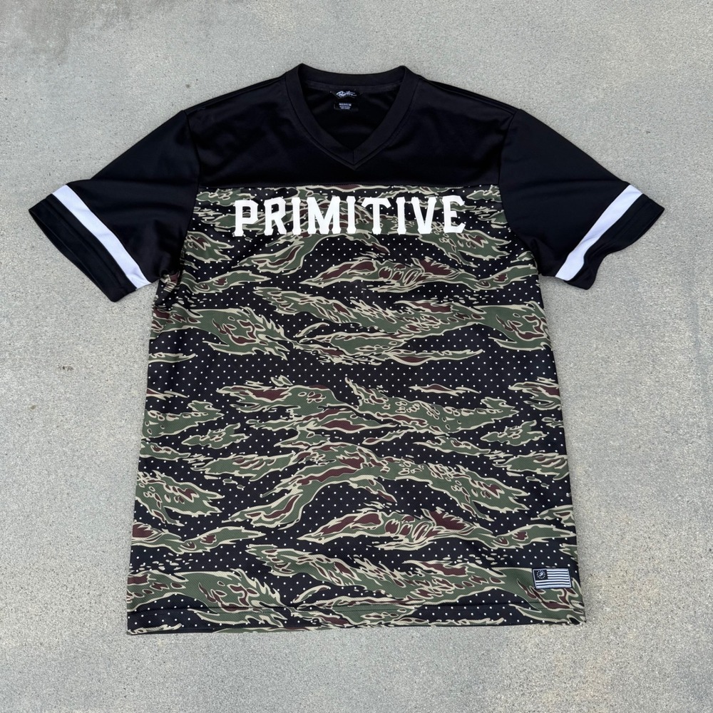 Primitive Mens Tiger Camo Polka‎ Dot Jersey Shirt Black Green V-Neck Medium